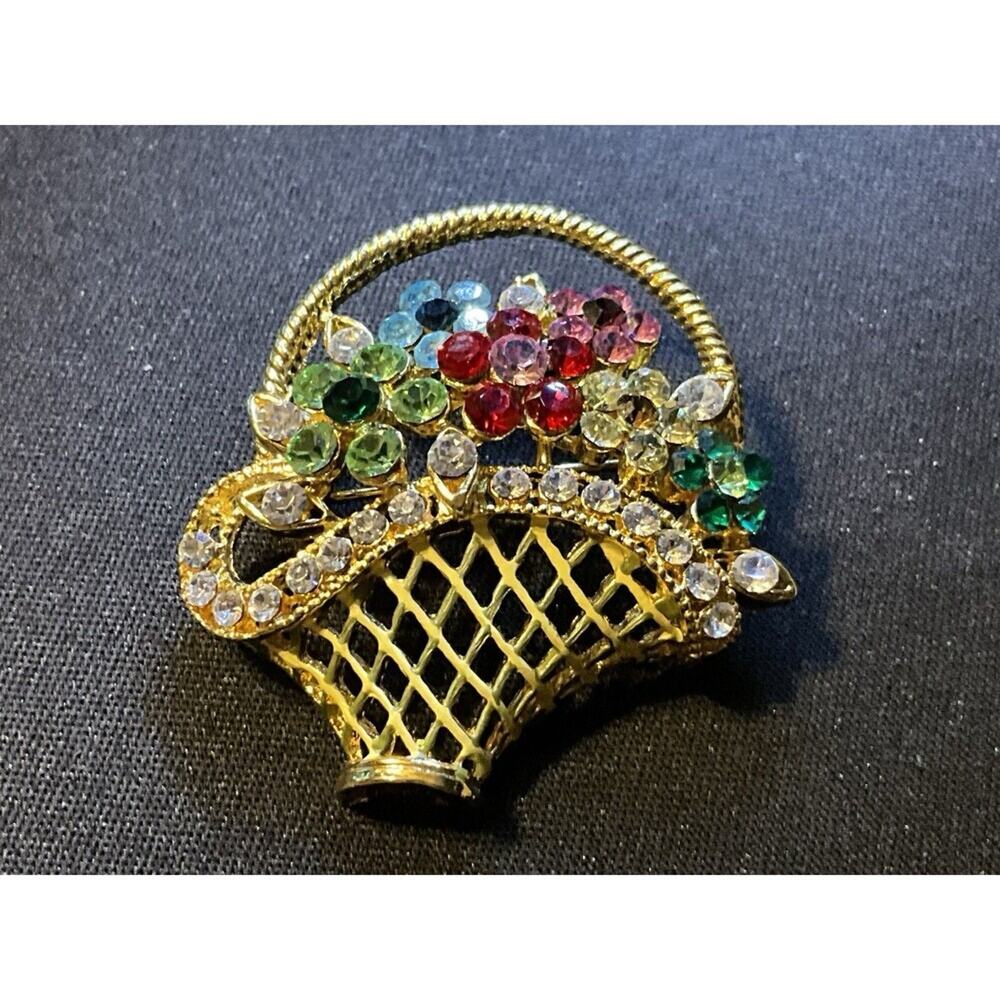 Gold Tone Flower Basket Brooch W/ Multicolored Crystals